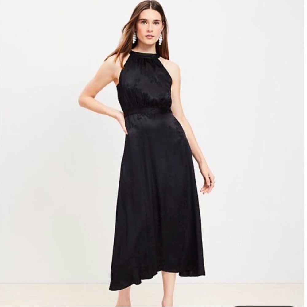 NWT Loft Black Jacquard Halter Midi Dress